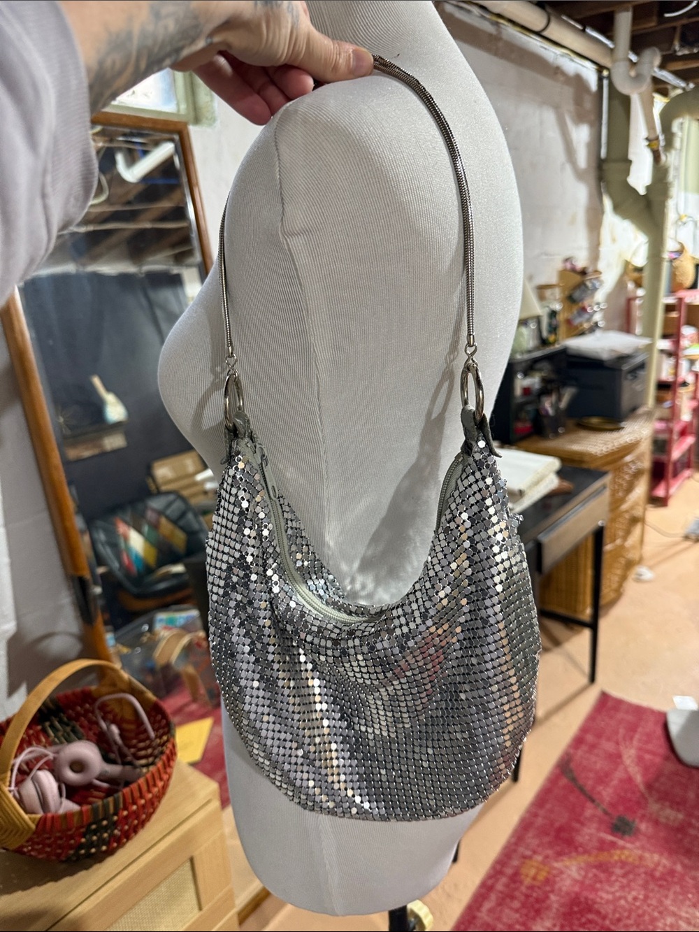 Vintage 90s Silver Sequin Shoulder Bag - Sparkling Evening Hobo
